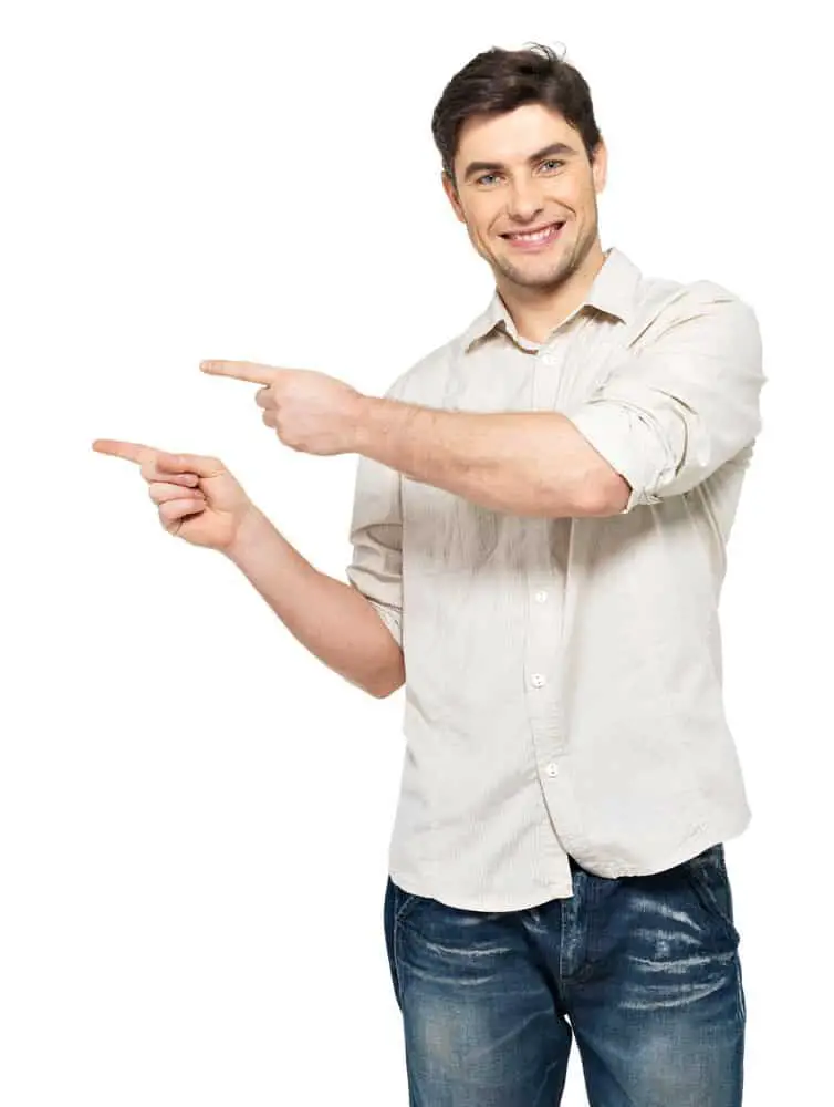 man points with fingers in the right side