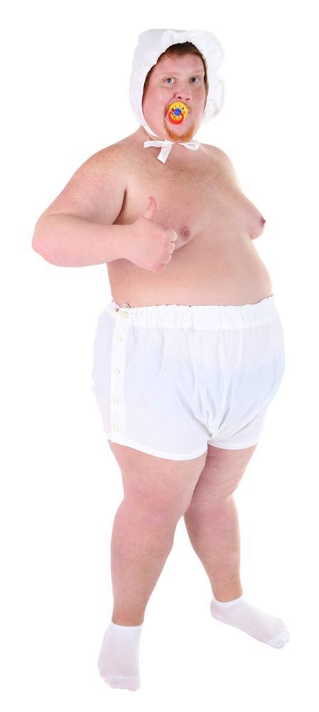 Fat man in diaper isolated on white