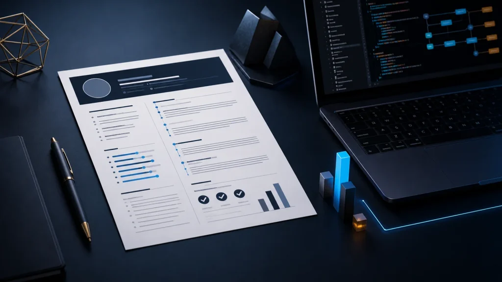 Programmer resume beside a laptop displaying code and achievement metrics