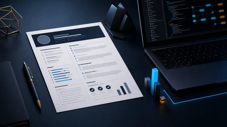 Programmer resume beside a laptop displaying code and achievement metrics