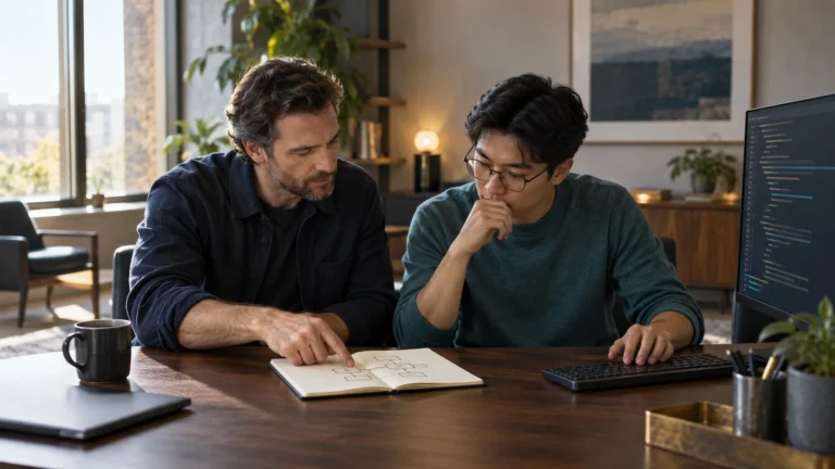 Senior developer coaching a colleague through a code problem while the colleague controls the keyboard