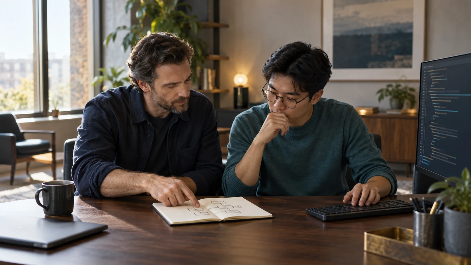 Senior developer coaching a colleague through a code problem while the colleague controls the keyboard