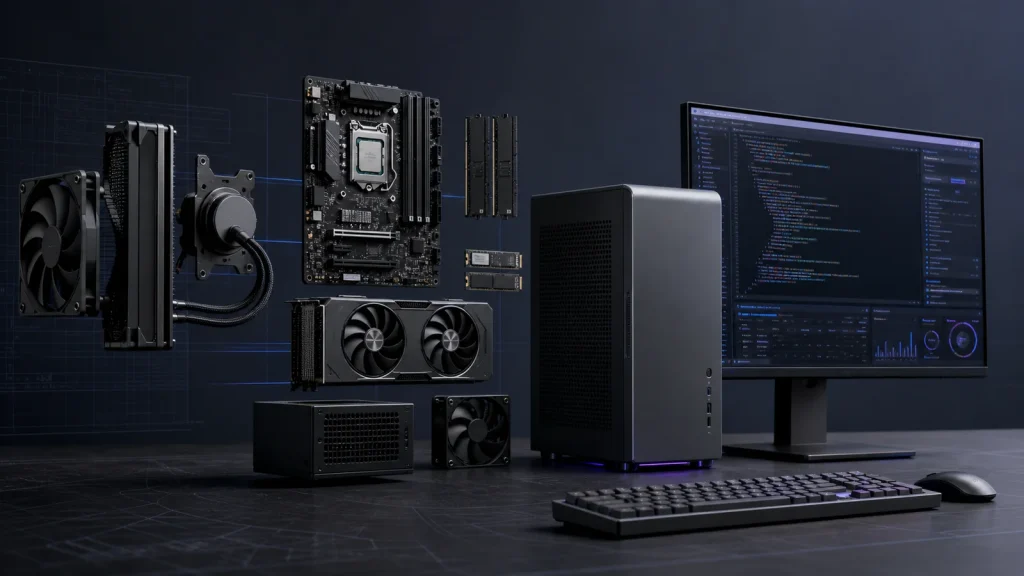 Exploded view of programming computer components including CPU, RAM, SSD, GPU, and monitor