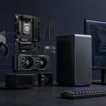 Exploded view of programming computer components including CPU, RAM, SSD, GPU, and monitor