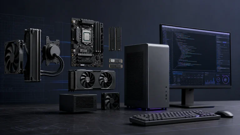 Exploded view of programming computer components including CPU, RAM, SSD, GPU, and monitor
