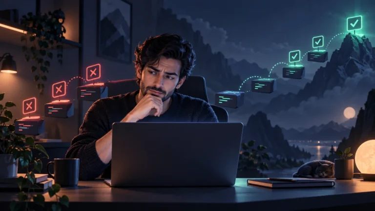 Programmer solving bite-sized coding challenges with passing test results
