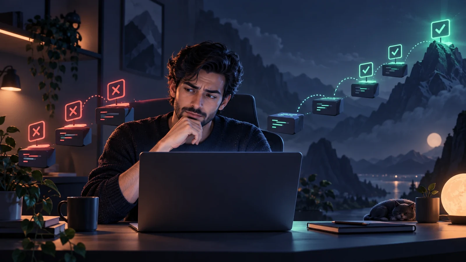Programmer solving bite-sized coding challenges with passing test results