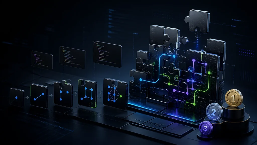 Coding kata puzzle pieces progressing from simple challenges to complex algorithms