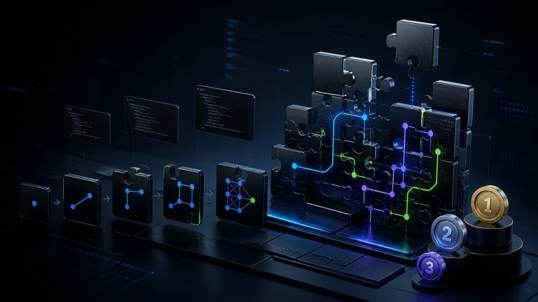 Coding kata puzzle pieces progressing from simple challenges to complex algorithms
