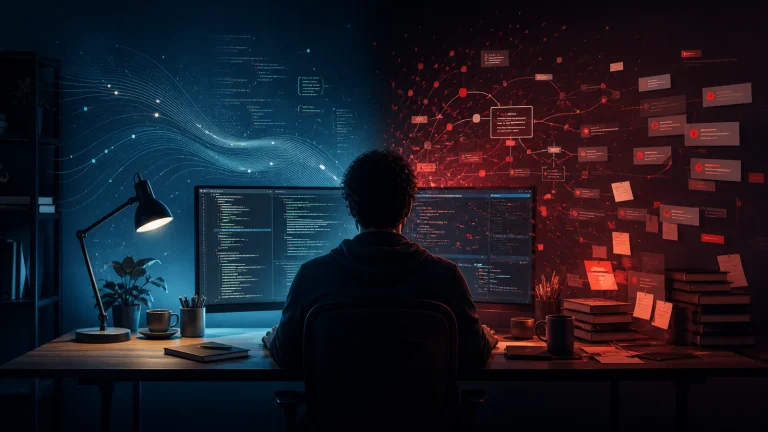 Programmer at a workstation between calm coding flow and stressful alerts
